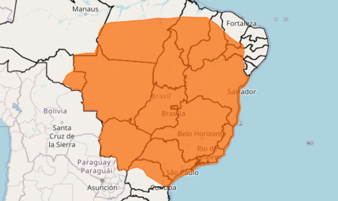 o mapa mostra &agrave;s &aacute;reas em alerta laranja, temporais e chuva intensa